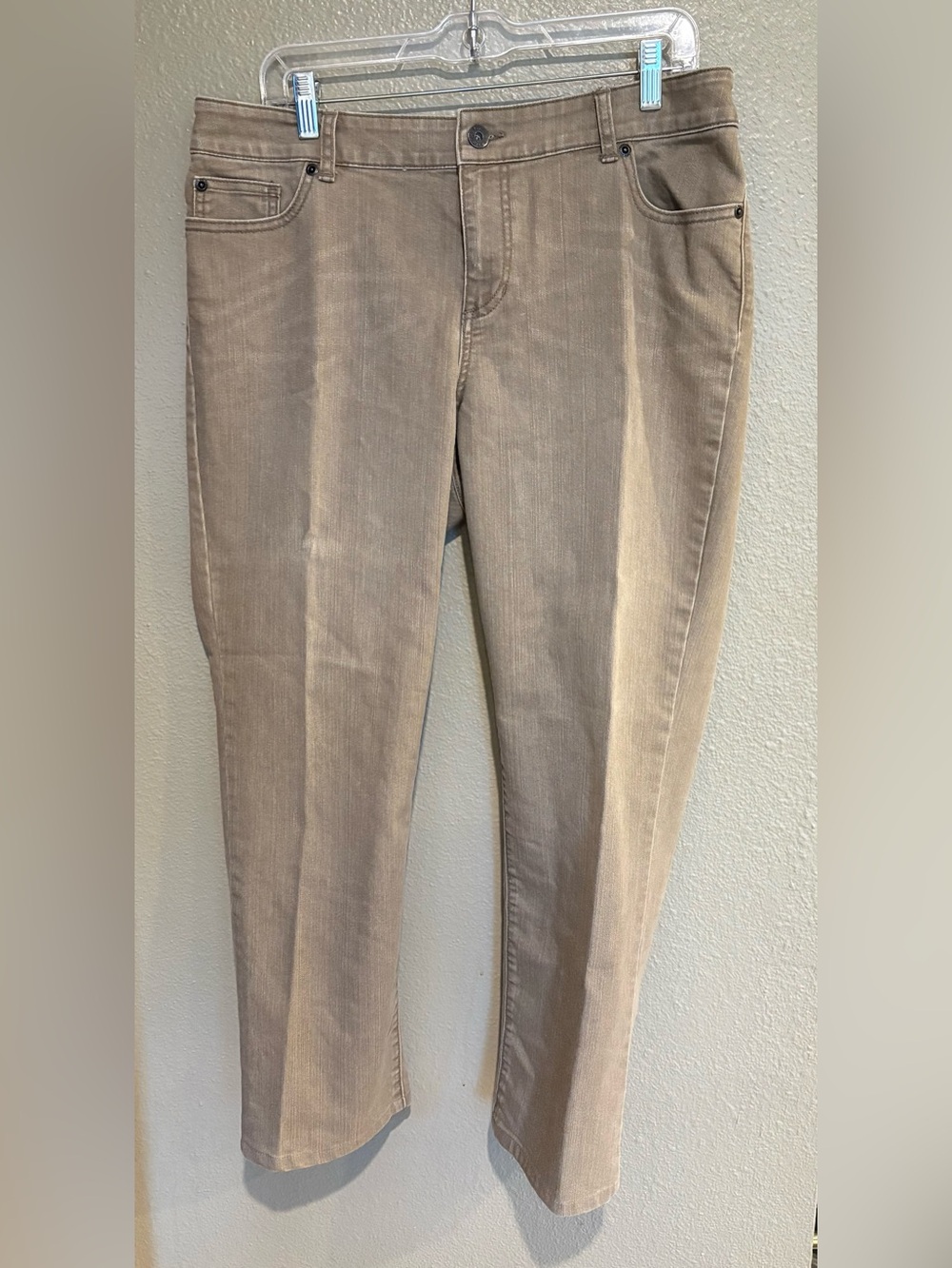 Chico’s Platinum Denim Size 2 (12-14) Taupe Slim Straight Leg Stretch Jean